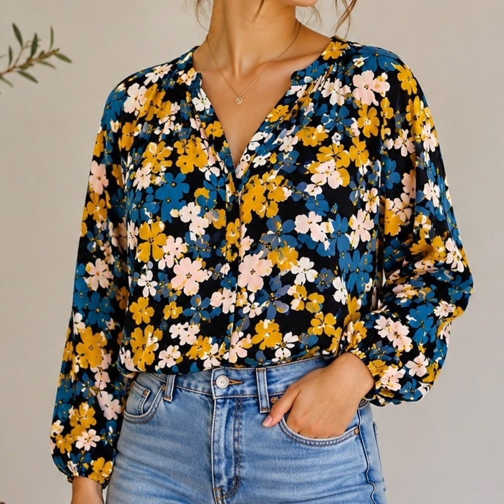 Cabi‎ Womens Floral Blouse Top Balloon Sleeves Poet Sleeves Cottagecore Peasant
